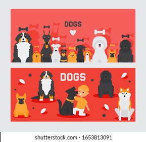 Dog banners, pet and cute boy cartoon characters, animals vector illustration. Booklet cover, pet store brochure, dogs of different breeds. Set of banners for animal shelter, friend for happy kid