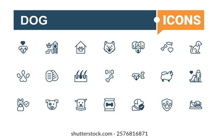 Dog Barber icons set. Includes icons for animals, app, collar, cat, leash, pet, men, care. Minimal linear icons. Solid line editable vector illustration.