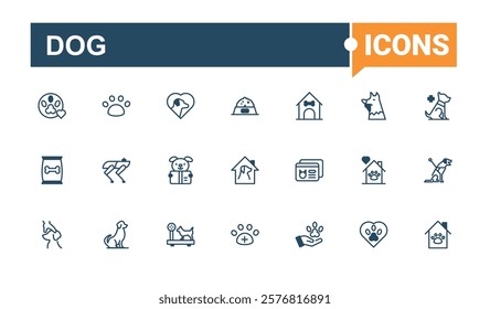 Dog Barber icons set. Includes icons for animals, app, collar, cat, leash, pet, men, care. Minimal linear icons. Solid line editable vector illustration.