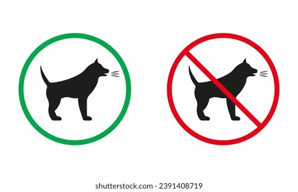 Dog Bark Warning Sign. Angry Pet Silhouette Icons Set. Puppy Noise Allowed, Entry With Aggressive Doggy Prohibited Symbol. Isolated Vector Illustration.