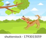 Dog Barking at Bird in Summer Park on Beautiful Summer Landscape Flat Vector Illustration