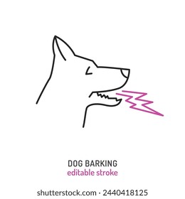 Dog barking. Canine aggression icon, pictogram, symbol. Barky dogs. Doggy vocalization. Shepherd howling. Veterinarian concept. Editable vector illustration in outline style on a white background