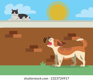 dog barking at a cat that is on top of a fence. vector illustration.