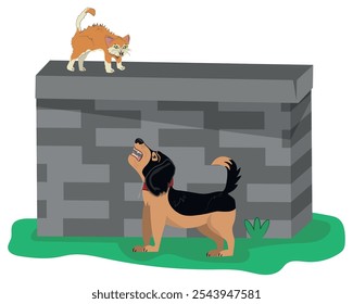 perro ladrando a un gato que está encima de una valla. Ilustración vectorial.