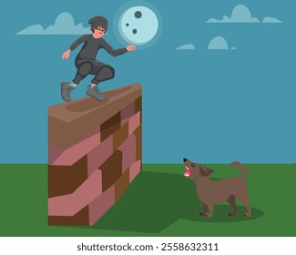 dog barking at a thief, guard dog concept. Dog protects a house from a thief. vector illustration.