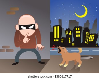 The Dog Is Barking The Thief. One Night In City Vector Illustration Background Cartoon