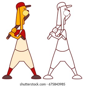 Dog baseball player holding bat. Isolated on white vector cartoon illustration