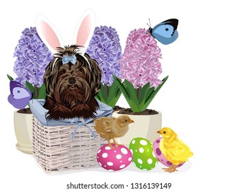 Dog in a basket. easter card. Vector illustration.