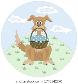 Dog with a basket of flowers againts a green meadow and blue sky.