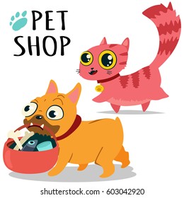 Dog with a basket of products in his teeth and a cute cat. Pet shop vector cartoon illustration isolated on white background.