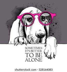 Dog Basset Hound portrait in a glasses. Vector illustration.