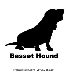 Dog Basset Hound silhouette Breeds Bundle Dogs on the move. Dogs in different poses.
The dog jumps, the dog runs. The dog is sitting lying down playing
