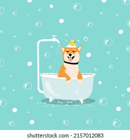 Dog In Bath. Dog Bathing Or Dog Spa Concept. Vector EPS 10 Illustration.