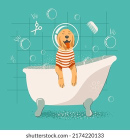 Dog in bath cartoon vector illustration for grooming salon. Spa for animals post, banner.