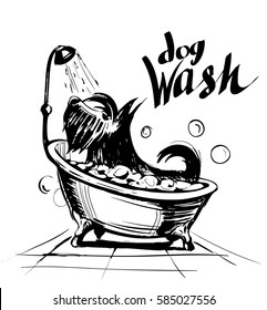 Dog in the bath clean. Pet washing. Vector illustration svg