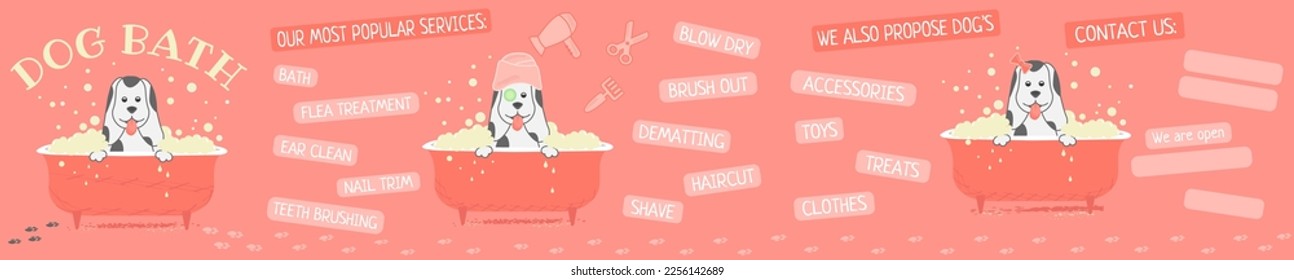 Dog bath. Seamless instagram carousel for grooming salon vector illustration.