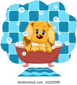 The dog bathes in a bathroom. Cartoon vector illustration.