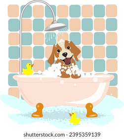Dog in the bath.Pink Bathtub with foam bubbles inside and bath yellow rubber duck isolated on blue background. Bath time in flat style vector illustration