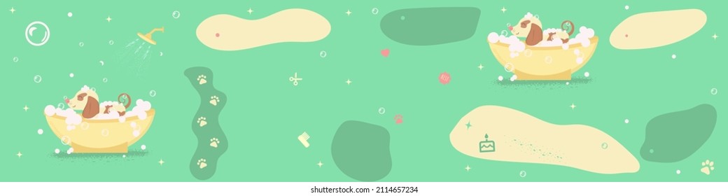 dog in the bathroom on a green background with a place for inscriptions