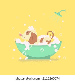Hund im Badezimmer, gelber Hintergrund