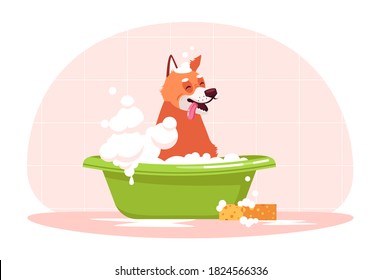 Dog in bathtub semi flat RGB color vector illustration. Doggy wash in bathroom. Bubble bath for puppy. Domestic animal cleaning. Canine isolated cartoon character on pink background