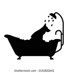 Dog in bathtub taking shower, pet takes a bath, grooming salon emblem, dog wash, vector