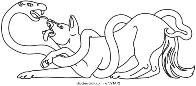 Dog battling a coiled snake isolated illustration