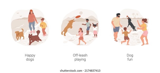 Dog beach fun isolated cartoon vector illustration set. Happy dogs running off leash, playing together, have fun, happy family walking with puppy along seashore, jumping in waves vector cartoon.