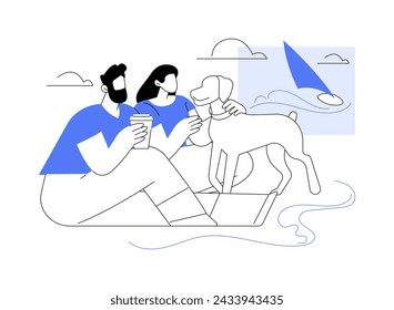 Playa de perro aislado dibujos animados vector ilustraciones. Pareja feliz se sienta con perro lindo en la playa, pasando tiempo con mascota adorable juntos, cachorro con correa, tiempo de ocio cerca del océano vector de dibujos animados.