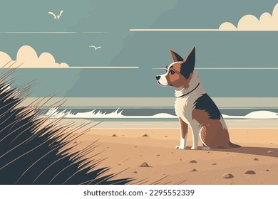 Dog at beach, Modern, Clean, Simple and Minimal, Streamlined Tech Illustration