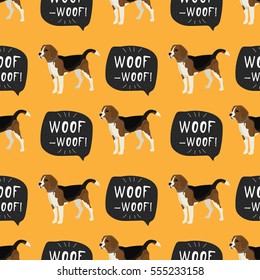 Dog beagle vector seamless pattern with hand drawn banner