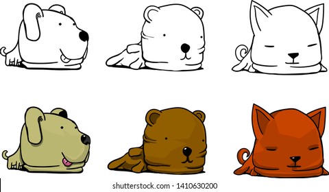 The dog, the bear and the fox put their big heads to the ground. 