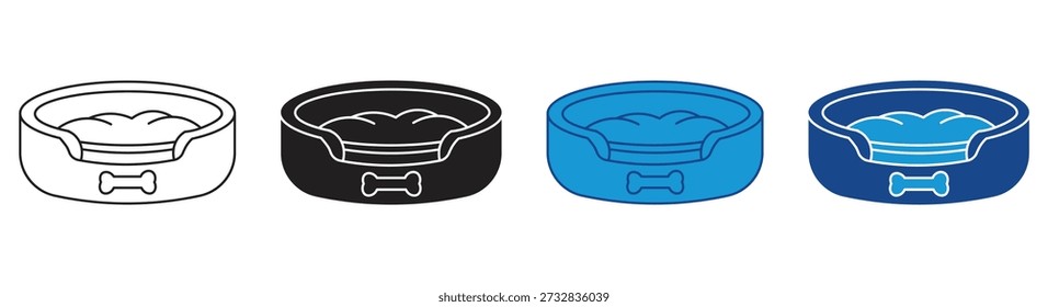 Dog bed icon set. Dog bed with sleep symbols and bone. Comfortable pet furniture. Vector Illustration. 