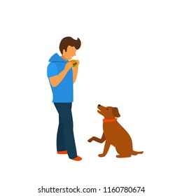 dog begging for food while owner is eating isolated vector illustration graphic scene