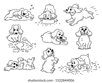 Dog behavior - black and white drawing set of cute pet sleeping, running, eating, playing and doing mischief. Hand drawn cartoon animal vector illustration