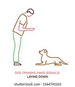 Dog behavior icon. Professional trainer. Domestic animal or pet language. Lay down command. Training process. Simple icon, symbol, sign. Editable vector illustration isolated on white background