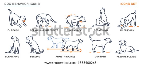 Dog behavior icons set. Domestic animal or pet\
language collection. No threat from my side. Happy doggy reaction.\
Simple icon, symbol, sign. Editable vector illustration isolated on\
white background