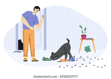 Comportamiento de perro problema travieso en la habitación, desorden y desorden. Vector de comportamiento perro travieso, problema de mascota ilustración casera