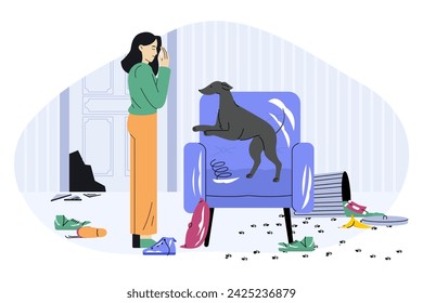 Dog behavior problem. Cartoon naughty puppy destroy house, pet indoor mess and chaos, naughty animal character playing and destroying furniture. Vector illustration of behavior cartoon dog