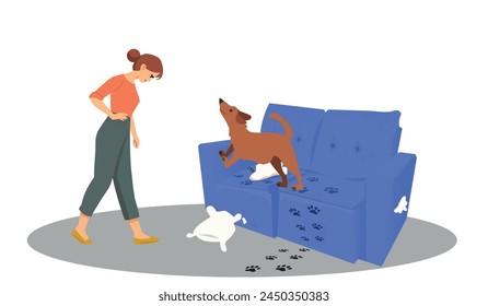 Dog behavior problem. Cartoon naughty puppy destroy house, pet indoor mess and chaos, naughty animal character playing and destroying furniture. Vector illustration