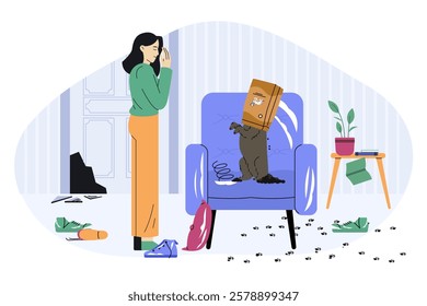 Dog behavior problem concept, with desperate woman looking at naughty dog destroying furniture and making mess in living room with broken door and things scattered on floor