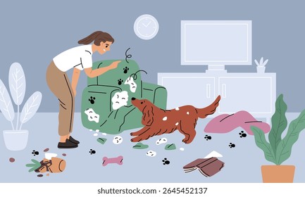 Problema de comportamento do cão. Proprietário está criando animal de estimação, filhote travesso, quarto destruir, itens dispersos e móveis danificados, animais domésticos maus hábitos cartoon plano isolado garish vetor conceito