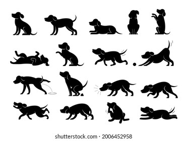Dog Behavior Silhouette Set, Various Action and Posture, Body Language