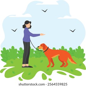 dog behaviourist Giving obedience training concept, Girl teaching sit, stay, come, down, and leave it vector design, Pet foster hotel Symbol, kennel animals Sign, Human-animal interaction illustration