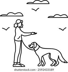 dog behaviourist Giving obedience training outline concept, Girl teaching sit, stay, come, down, and leave it vector design, Pet foster hotel Symbol, kennel animals Sign, Human-animal interaction