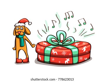 Dog with big musical present in colors vector