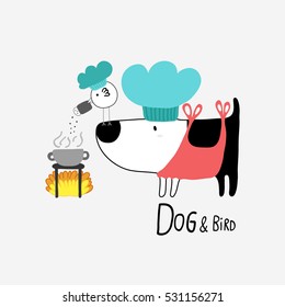 Dog & Bird cooking, vector illustration