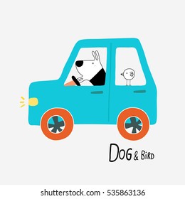 Dog & Bird driving a car, vector illustration