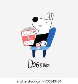 Dog & Bird eating popcorn at the cinema, vector illustration