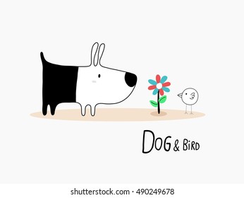 Dog & Bird with a flower, character design for decoration. Vector illustration.